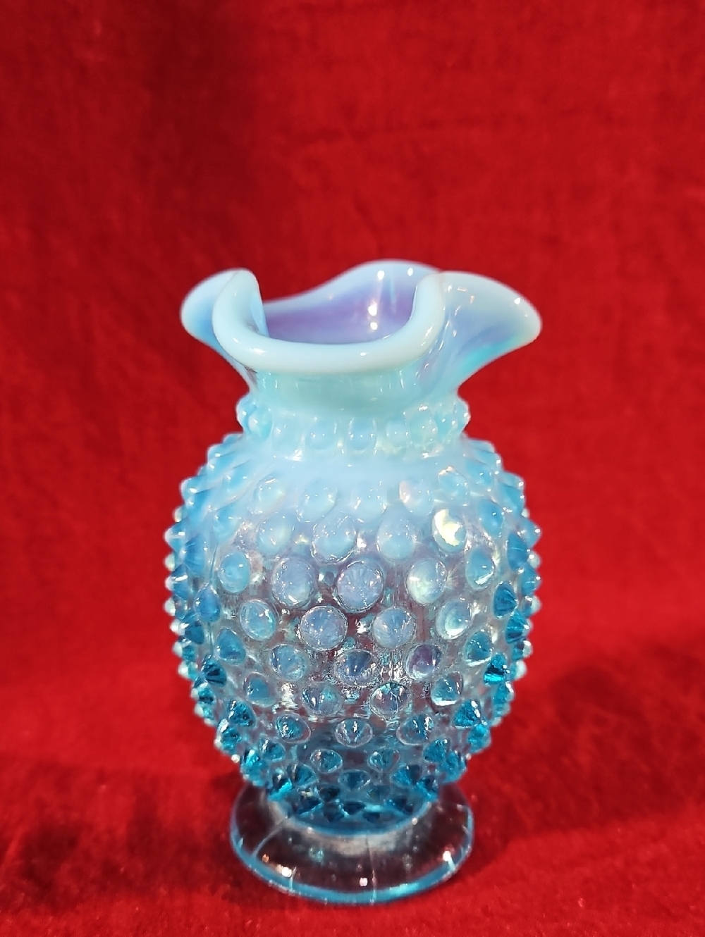 VTG Fenton Blue Opalescent Glass Hobnail Tricorn Purple Hue Crimped Rim Vase